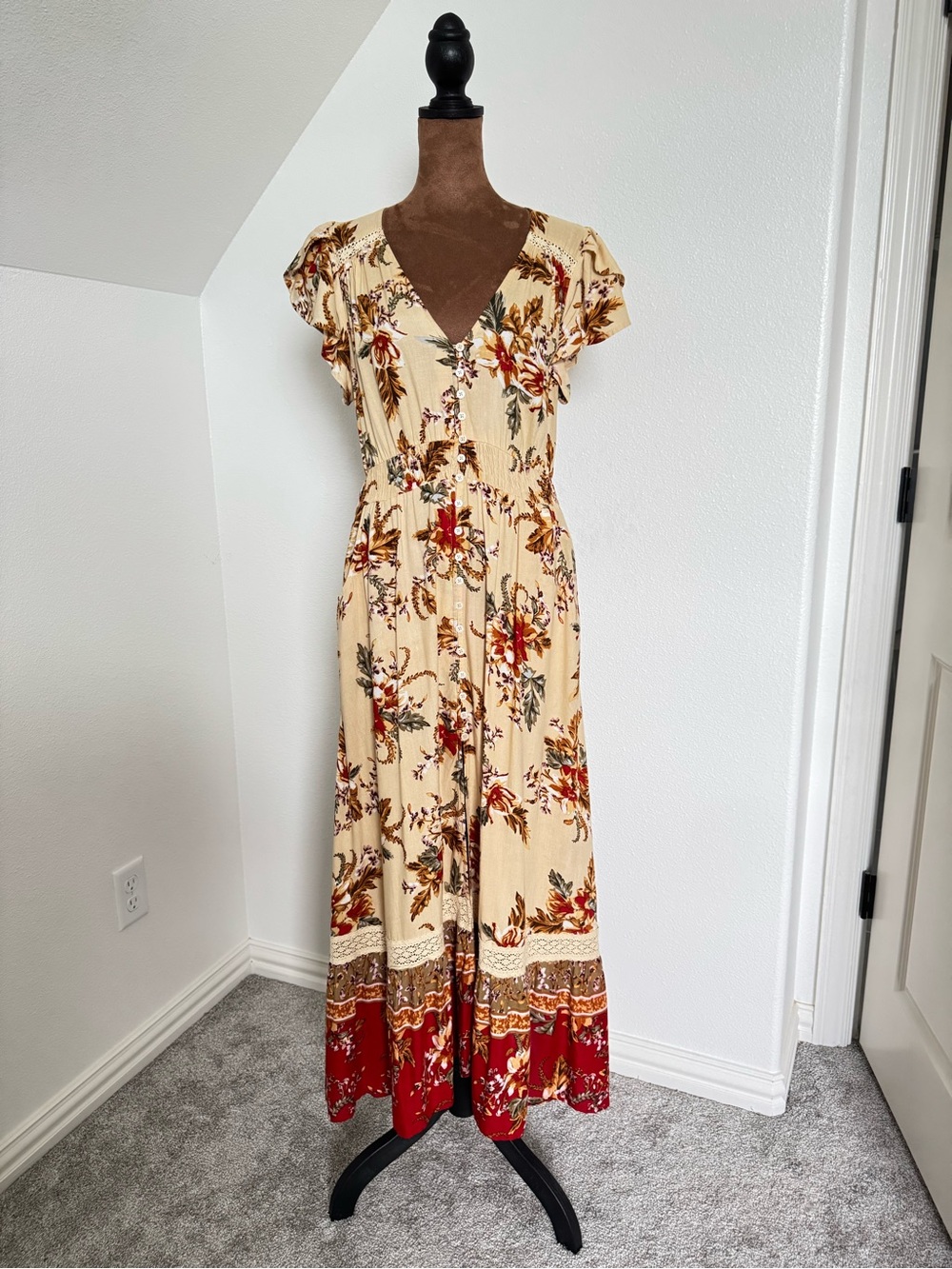 Smocked V‑Neck Maxi Dress in Beige with Red Border